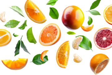 Oranges with half slices falling or floating in the air with green leaves isolated on background, Fresh organic fruit with high vitamins and minerals.