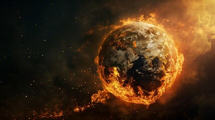 Stop global warming, the earth world is on fire in space from the heat. Climate change concept.