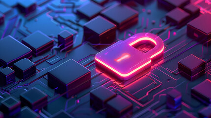 A neon-lit padlock appears prominently on a dark circuit board, symbolizing the protection of data and the importance of cybersecurity measures in safeguarding digital infrastructure