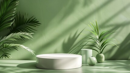 Indoor Tropical Flora with Lush Green Palm Leaves. green 3d podium background