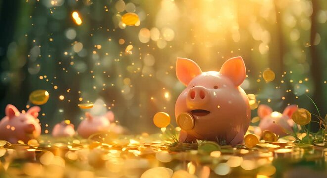 Piggy bank forest with coins raining down