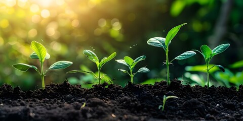 New growth sprouts in fertile soil showcasing effective water consumption and carbon dioxide removal in agriculture. Concept Agricultural Sustainability, Soil Health, Carbon Sequestration - obrazy, fototapety, plakaty