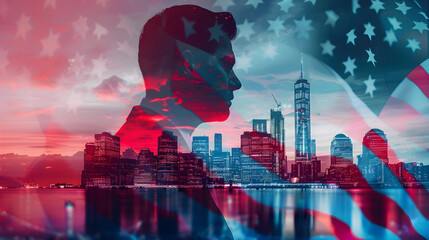 Urban Leadership: Double exposure merges a confident businessman, modern cityscape, and US flag, embodying the concept of leadership and success in the dynamic urban landscape. - obrazy, fototapety, plakaty