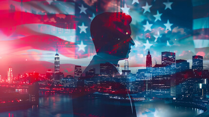 Urban Leadership: Double exposure merges a confident businessman, modern cityscape, and US flag, embodying the concept of leadership and success in the dynamic urban landscape. - obrazy, fototapety, plakaty