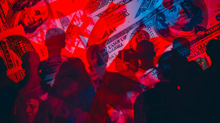 American Economic Struggle: Double exposure blends a crowd of people with the US flag and banknotes, depicting the complexities of the ongoing money crisis in the United States.