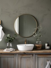 an area with a sink and a mirror in olive colors