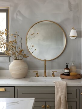 an area with a sink and a mirror in olive colors