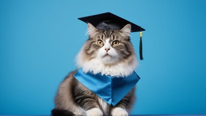 Graduated cat .Cute cat dressed as a scientist on a blue composition