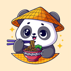 Cute panda is eating ramen