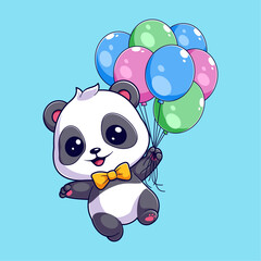 Cute panda is floating with balloons