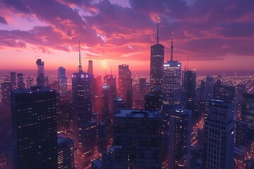 : A bustling cityscape at sunset, with skyscrapers lighting up and lights flickering as the day...
