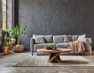 Nomadic interior design of modern living room, home. Live edge coffee table near grey rustic sofa against black venetian stucco wall. - Powered by Adobe