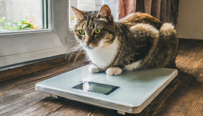 Obese cat sitting on a scale that shows OVERWEIGHT on the display