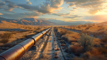 Render the transmission of natural gas through pipelines across varied terrain - obrazy, fototapety, plakaty