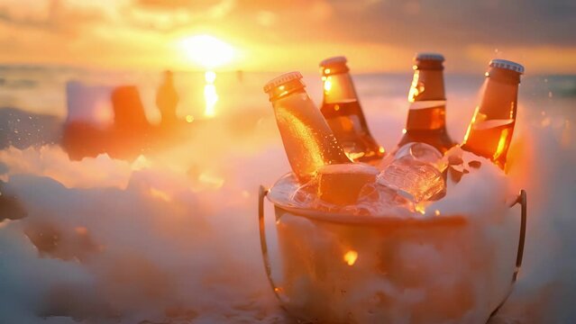 A bucket filled with icecold beers ready to be cracked open and enjoyed during a sunset picnic on the beach.