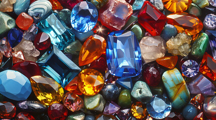 Various colorful precious stones for jewellery as background. 