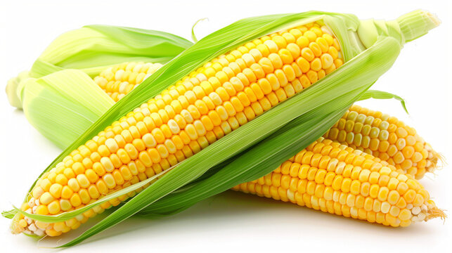 Single ear of corn isolated on white background, Corn cobs with corn plantation field background. The peeled ear of corn, a piece of and seeds on a white, isolated. The view from the top. Falling corn