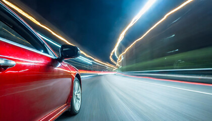 Red Business car on high speed in turn. Super car rushing along a high-speed highway with motion speed in the city at night.