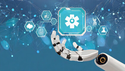 Robot hand with artificial intelligence for medical healthcare practices. AI and human integration, with graphical icon display on a blue banner background.