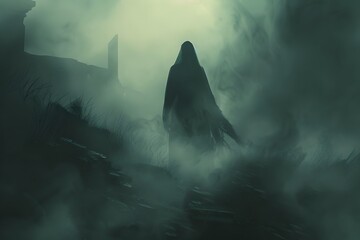 Eerie Wraith Drifting Through Misty Abyss in Dark Landscape