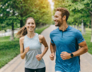 Running in park at morning time. Cheerful husband and wife competing together and jogging on fresh air. Active people wearing sport clothes doing cardio for good health and staying fit