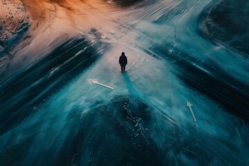 Person at a Crossroads in Moody Scenic Landscape - obrazy, fototapety, plakaty