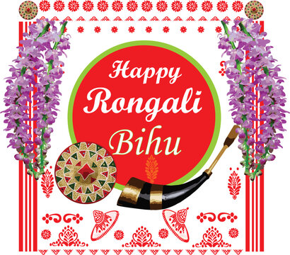 Happy Rongali Bihu with Foxtail Orchid Japi Pepa and Gamosa Elements-Bihu Wish Card Greeting Card