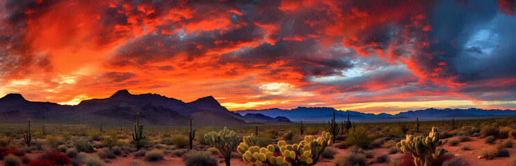 A digital painting of the Arizona desert with cacti and mountains in background, red sky with orange clouds, beautiful, vibrant