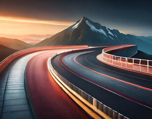 3D Dynamic racing track illuminated at dusk - obrazy, fototapety, plakaty