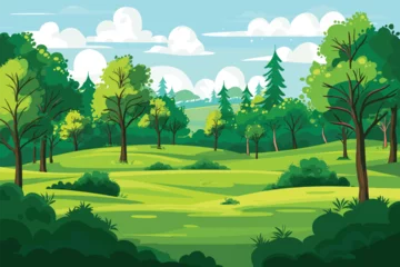 Gordijnen Vector flat green landscape illustration with trees and grass, spring and summer © Arash