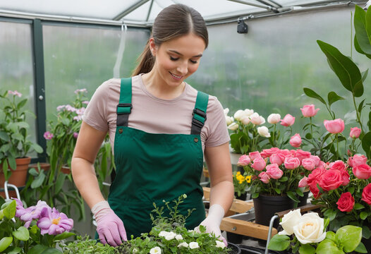 Beautiful woman gardener growing flowers in the garden colorful background