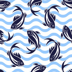 Fishes vector seamless pattern. Black stylized drawings on wavy background.