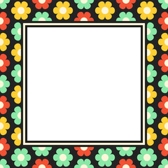 Vector square frame with copy space. Multicolor flowers on black background.