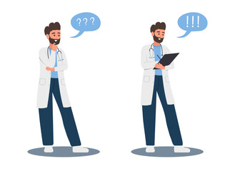 Male doctor in doubt. Thinking man in uniform with question mark. Searching of idea and solution to problem. Vector illustration in flat cartoon style.