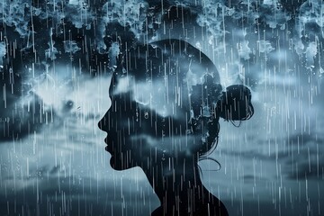 Silhouette of a human head with rainy weather inside, representing the concept of tears, crying, sorrow, depression, mental health, and loneliness