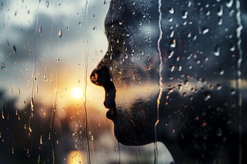 Silhouette of a human head with rainy weather inside, representing the concept of tears, crying, sorrow, depression, mental health, and loneliness - obrazy, fototapety, plakaty
