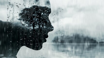 Silhouette of a human head with rainy weather inside, representing the concept of tears, crying, sorrow, depression, mental health, and loneliness - obrazy, fototapety, plakaty