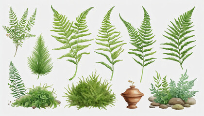 fern and moss collection in watercolor style, isolated on a transparent background for design layouts colorful background