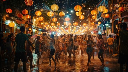 Vibrant Night Scene of Songkran Water Festival with Colorful Lanterns and Joyful Crowds