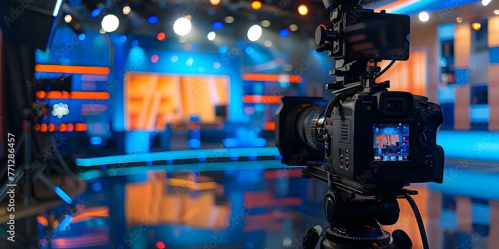 Poster digital camera recording an interview in a tv studio with a blurry background. concept tv studio int