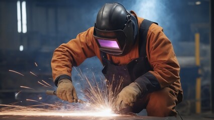 Welder is Welding process on metal steel pipe in factory. - obrazy, fototapety, plakaty
