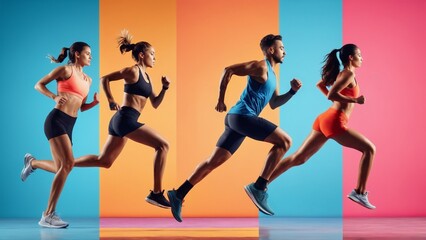 Full length profile shot of a male and free female athletes running isolated on color background