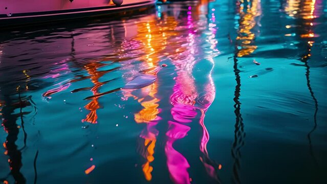 An abstract and ethereal image of a yachts reflection in the water at night. The vibrant neon lights of the yacht create a vibrant and otherworldly reflection almost as if