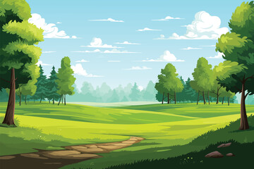 Obraz premium Vector flat green landscape illustration with trees and grass, spring and summer, blue sky