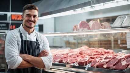 Portrait of a smiling meat salesman in a grocery store