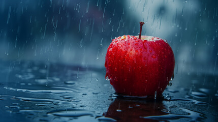 Red apple in the rain. Rain drops on a red apple.