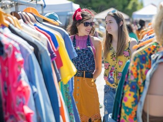 Reusable fashion swap, Earth Day community event, vibrant clothes racks, bustling scene