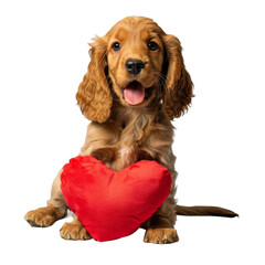 Dog Holding Red Heart on White Background