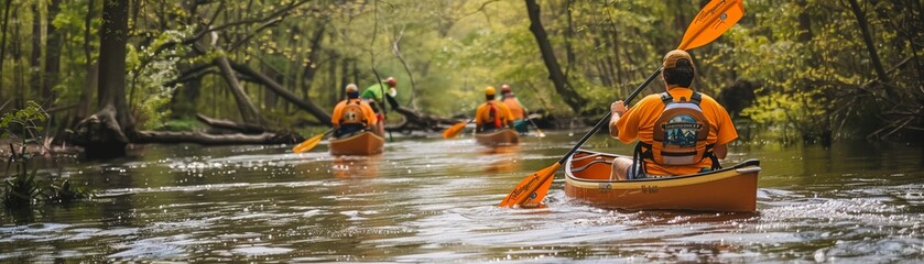 River kayaking cleanup, volunteers in Earth Day shirts, dynamic water action, vibrant nature - obrazy, fototapety, plakaty