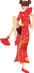 Chinese Girl in a Red Traditional Chinese Dress Holding a Folding Fan with a Kung Fu and Elegant Pose Type 1